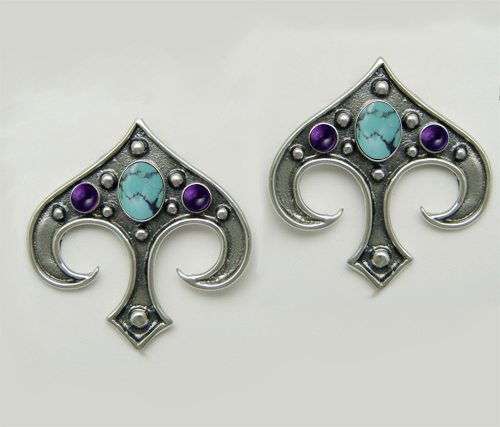 Sterling Silver Gothic Inspired Drop Dangle Earrings With Chinese Turquoise And Amethyst
